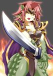  1girl armor breasts cape chihashi_keishuu claws cleavage cowboy_shot dragon_girl dragon_tail facial_tattoo fighting_stance fire granberia head_fins mon-musu_quest! open_mouth pauldrons pointy_ears redhead solo sword tail tattoo weapon yellow_eyes 