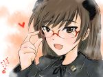  1girl animal_ears blush brown_eyes brown_hair dog_ears glasses heart johanna_wiese long_hair mishiro_shinza open_mouth red-framed_glasses solo strike_witches translation_request 