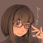  1girl bespectacled blush brown_eyes brown_hair commentary_request eyebrows glasses original red-framed_glasses ribbed_dress short_hair solo sweater_dress turtleneck ueno_petarou 