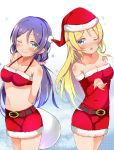  ayase_eli bare_shoulders blonde_hair blue_eyes long_hair love_live!_school_idol_project one_eye_closed open_mouth ponytail purple_hair santa_costume smile toujou_nozomi twintails 