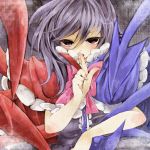  1girl asymmetrical_wings black_hair capelet edo. finger_to_mouth houjuu_nue red_eyes sash solo touhou wings 