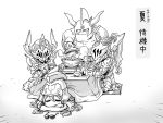  1girl athena_(p&amp;d) blush_stickers crossed_arms cu_chulainn_(p&amp;d) food gigas_(p&amp;d) greyscale helmet horned_helmet ishiyumi knight kotatsu long_hair monochrome puzzle_&amp;_dragons siegfried_(p&amp;d) simple_background table translation_request white_background 