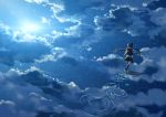  1girl backpack bag clouds commentary kklaji008 light_rays long_hair night original ripples running scenery shadow skirt sky solo star_(sky) starry_sky twintails walking walking_on_water 