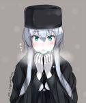  1girl :o alternate_costume aqua_eyes aqua_nails blush breath bust cold grey_background hat kantai_collection looking_at_viewer short_hair_with_long_locks shuuichi solo twitter_username white_skin wo-class_aircraft_carrier 