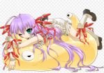  1girl ;) ahoge al_azif demonbane frills green_eyes hair_ribbon hug long_hair lying nitroplus on_stomach one_eye_closed purple_hair ribbon sattan shoggoth skirt smile winking 