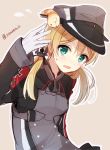  1girl blonde_hair gloves green_eyes hat hiiragisouren kantai_collection long_hair peaked_cap prinz_eugen_(kantai_collection) twintails uniform 