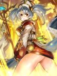  1girl ass blush breasts cowboy_shot cross earrings edobox granblue_fantasy grey_hair hat jewelry red_eyes short_hair short_twintails solo staff twintails 