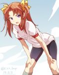  1girl :d ahoge bike_shorts bow brown_hair dated e20 gym_uniform hair_bow hands_on_knees kagerou_(kantai_collection) kantai_collection kneehighs leaning_forward looking_at_viewer open_mouth smile solo twintails twitter_username violet_eyes 
