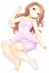  1girl barefoot bloomers brown_eyes brown_hair camisole collarbone dated hair_ornament idolmaster long_hair looking_at_viewer lying minase_iori nagian on_back pajamas shorts solo strap_slip underwear underwear_only 