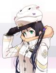  1girl alternate_hair_color black_gloves black_hair bust covering_mouth fur_trim gloves green_eyes hat hat_tip highres hoodie kantai_collection long_hair peaked_cap solo suzukaze_(kantai_collection) suzume_yuu winter_clothes winter_coat 