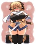  1girl adapted_costume ankle_wraps blonde_hair blush breast_rest breasts curvy embarrassed full-face_blush green_eyes hair_ribbon large_breasts mizuhashi_parsee ninja pointy_ears ribbon scabbard scarf sheath shoes solo thigh-highs thigh_gap thighs touhou tsurime ueda_katsuhito wakizashi wide_hips 
