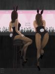  2girls animal_ears bar_stool black_hair bottle brown_hair bunnysuit elbow_rest fishnet_pantyhose fishnets from_behind high_heels indoors leaning_forward long_hair multiple_girls off_shoulder original pantyhose playboy_bunny_leotard rabbit_ears red_canada short_hair thighs wrist_cuffs 