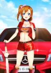  1girl alternate_costume blue_eyes blush boots car choker clouds collarbone cropped_jacket kousaka_honoka love_live!_school_idol_project mercedes-benz midriff motor_vehicle navel open_mouth orange_hair qiuzhi_huiyi racequeen short_hair short_shorts shorts side_ponytail sky solo standing tubetop umbrella vehicle 