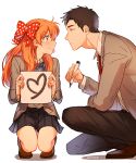 1boy 1girl black_hair blush bow brown_eyes eye_contact gekkan_shoujo_nozaki-kun hair_bow heart hetero kanapy looking_at_another necktie nozaki_umetarou orange_hair pen polka_dot polka_dot_bow profile sakura_chiyo school_uniform sign squatting violet_eyes