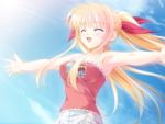  casual closed_eyes game_cg hair_ribbon long_hair nagisano open_mouth outstretched_arms ribbon smile spread_arms twintails yagyuu_aoi 