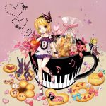  anko_kinako apple bare_legs bare_shoulders blonde_hair blue_eyes bow bunny butterfly butterfly_wings cookie cross-laced_footwear food fruit heart kagamine_len kagamine_rin miniboy musical_note piano_keys rabbit strawberry vocaloid wings 