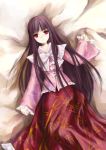 bed black_hair foreverchaos highres houraisan_kaguya japanese_clothes kimono long_hair long_skirt lying on_back red_eyes skirt touhou