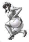  ass breasts coat curvy ghost_in_the_shell ghost_in_the_shell_stand_alone_complex greyscale kusanagi_motoko lipstick monochrome short_hair stockings thick_thighs thigh-highs 