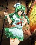  akimegu_m cosplay green_hair hair_ornament hat highres kochiya_sanae long_hair murasa_minamitsu murasa_minamitsu_(cosplay) principal_stager smile snake solo touhou 