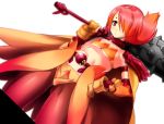  1girl breasts club dutch_angle flat_chest fujimon hair_over_one_eye hand_on_hip original ponytail red_eyes red_hair redhead short_hair solo underboob weapon 