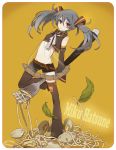  boots detached_sleeves food fork grey_hair hatsune_miku highres leaf leaves legs long_hair loo lowleg midriff necktie pasta red_eyes shell shorts solo thigh-highs thigh_boots thighhighs twintails vocaloid 