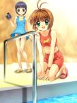  antenna_hair blue_hair blush brown_hair camcorder card_captor_sakura cardcaptor_sakura casual_one-piece_swimsuit daidouji_tomoyo feet green_eyes highres kinomoto_sakura kneeling moonknives mutsuki_(moonknives) navel one-piece_swimsuit open_mouth pool poolside purple_eyes sandals short_hair smile swimsuit tankini violet_eyes watch wristwatch 