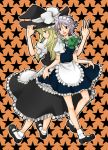  bilrost blonde_hair braid green_eyes hashiko_(bilrost) hat izayoi_sakuya kirisame_marisa long_hair multiple_girls red_eyes short_hair silver_hair touhou twin_braids witch_hat 