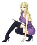 1girl alternate_costume black_footwear blonde_hair blue_eyes boots bracelet breasts celes_chere dress female final_fantasy final_fantasy_vi full_body garter_straps high_heel_boots high_heels jewelry knife long_hair mii_(aad378) purple_dress shoes simple_background solo squatting thigh_boots thighhighs white_background