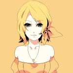  bad_id bare_shoulders blonde_hair bust face hair_ribbon jewelry kagamine_rin marui_happa necklace portrait ribbon short_hair simple_background smile solo star vocaloid 