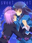  1girl blue_hair couple fujisaki_nagihiko hinamori_amu holding_hands long_hair pink_hair plaid school_uniform shugo_chara! star yellow_eyes 