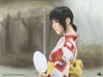  black_hair fan hair_ornament japanese_clothes kimono photoshop realistic watermark 