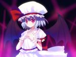  bat_wings blue_hair hands_together hat meito_(maze) red_eyes remilia_scarlet short_hair slit_pupils solo touhou wallpaper wings 