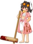  barefoot black_hair blood bloomers bousouzoku bunny_ears candy clothes_writing delinquent goggles hammer inaba_tewi kaiba_usagi lollipop mallet mouth_hold open_clothes open_robe rabbit_ears red_eyes sarashi short_hair swirl_lollipop touhou translation_request wink 