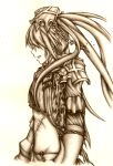  bad_id belt black_hair black_rock_shooter chain chains insane_black_rock_shooter long_hair monochrome scar sepia shoowarke shorts sketch stitches twintails uneven_twintails very_long_hair 