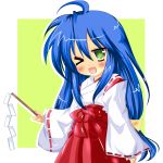  :3 blue_hair blush gohei green_eyes izumi_konata japanese_clothes long_hair lucky_star miko rika-tan_(artist) wink 