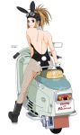  ass back bare_back bare_shoulders boots brown_eyes brown_hair bunny_ears bunny_tail bunnysuit earrings fishnet_pantyhose fishnets from_behind gloves goggles jewelry looking_back motor_vehicle mukuzou original pantyhose ponytail rabbit_ears red_eyes ryouzou scooter short_hair simple_background solo tail vehicle vespa 