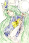  blue_eyes green_hair hat highres lewis long_hair mima ribbon solo staff touhou traditional_media very_long_hair watercolor_pencil_(medium) wink wizard_hat 