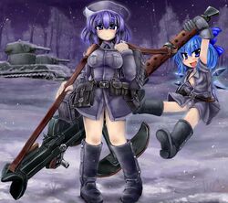  &#9320; anti-materiel_rifle anti-tank_rifle blue_eyes blue_hair boots bow caterpillar_tracks censored cirno convenient_censoring gloves gun hair_bow hat lahti_l39 letty_whiterock military military_vehicle multiple_girls no_pants okirakunikku open_clothes open_shirt purple_hair rifle shirt short_hair smk_(tank) sniper_rifle tank touhou vehicle weapon wings 