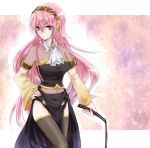  1girl bad_id blue_eyes detached_sleeves headphones long_hair megurine_luka pink_hair skirt smile solo thigh-highs thighhighs unabara_misumi vocaloid whip 