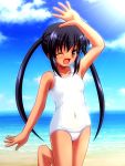  bad_id barefoot beach black_hair brown_eyes k-on! long_hair nakano_azusa one-piece_swimsuit school_swimsuit solo sweat swimsuit tan twintails white_school_swimsuit wink 