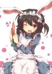  animal_ears apron bad_id black_hair bunny_ears carrot enmaided highres inaba_tewi maid nejime open_mouth rabbit_ears red_eyes short_hair touhou wink 