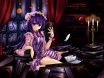  1girl arm_support book bookshelf candlestick crescent hat library long_hair ornament patchouli_knowledge purple_eyes purple_hair sitting solo touhou very_long_hair violet_eyes voile zzz36951 