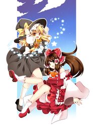  blonde_hair bow braid brown_eyes brown_hair detached_sleeves hakurei_reimu hat highres jeminl kirisame_marisa legs multiple_girls open_mouth roh_nam_kyung short_hair touhou witch_hat yellow_eyes 