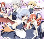  &gt;:) &gt;:d alternate_costume apron bat_wings blonde_hair blue_eyes blue_hair book braid cake cosplay cup enmaided flandre_scarlet food head_wings headwings hong_meiling izayoi_sakuya izayoi_sakuya_(cosplay) koakuma kurot long_hair maid open_book open_mouth patchouli_knowledge ponytail purple_eyes purple_hair reading red_eyes red_hair redhead remilia_scarlet short_hair side_ponytail silver_hair smile teacup teapot the_embodiment_of_scarlet_devil touhou twin_braids violet_eyes waist_apron wings 