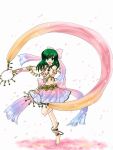  ankle_bracelets anklet barefoot bikini_top bow bridal_gauntlets dancer dancing fire_emblem fire_emblem:_seisen_no_keifu fire_emblem_genealogy_of_the_holy_war green_eyes green_hair hair_bow jewelry leen_(fire_emblem) midriff necklace open_mouth petals ribbon skirt smile 