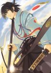  black_hair japanese_clothes katana male original polearm samurai short_hair solo sword weapon yuu_(yuyukaikan) 