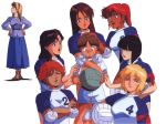  6+girls 7girls alternate_costume black_hair blonde_hair blue_eyes blush brown_hair connie_francis dress female gundam gym_suit hairband haro helen_jackson junko_jenko kate_bush katejina_loos lipstick long_hair male multiple_girls old_school peggy_lee pimp purple_hair redhead short_hair simple_background uso_evin victory_gundam volleyball white_background yuka_meilasch 