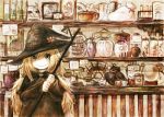  blonde_hair hat morikawa_sumio original shelves smile solo witch witch_hat 