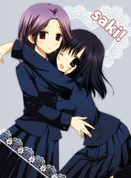  hug kajiki_yumi multiple_girls pokopi saki school_uniform touyoko_momoko wink 