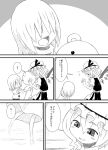  3girls :d blonde_hair child comic flandre_scarlet ghost hair_over_eyes happy hat monochrome multiple_girls o_o open_mouth ponytail red_eyes remilia_scarlet short_hair side_ponytail skirt skirt_set slit_pupils smile son_(artist) sonson_(eleven) stuffed_animal stuffed_toy teddy_bear touhou translated translation_request wings 